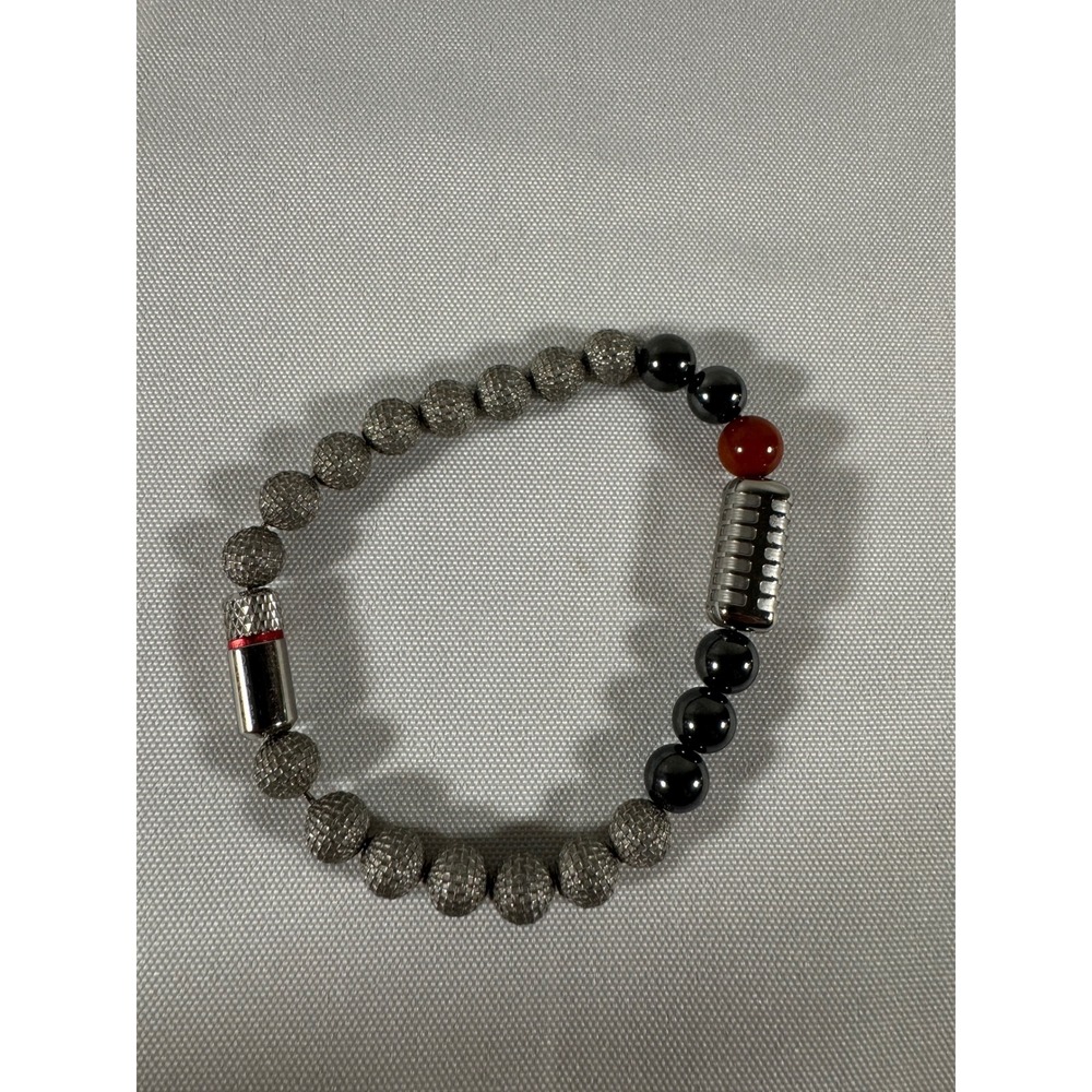Bulova Apollo Mens Silver Mesh Hematite and Carnelian Beaded Bracelet